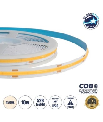 GLOBOSTAR® BEE 70351 Ταινία LED 10W-m 1000lm-m 120° DC 24V IP20 528 x COB Chip-m Φυσικό Λευκό 4500K Dimmable - Sanan COB Chip - Μ500 x Π1 x Υ0.2cm - Ρολό 5 Μέτρων - 5 Χρόνια Εγγύηση